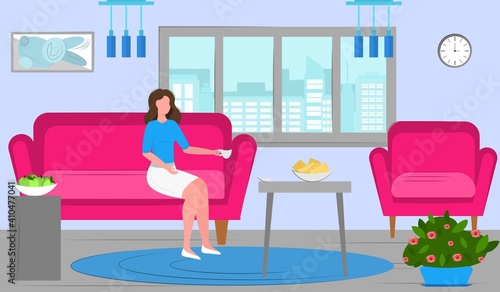 girl at home drinking tea on the couch. The woman is at home on the weekend. living room interior. vector illustration.