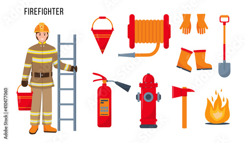 Firefighter character and tools for his work.