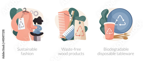 Eco-friendly materials abstract concept vector illustration set. Sustainable fashion, waste-free wood products, biodegradable disposable tableware, zero waste, green technologies abstract metaphor.