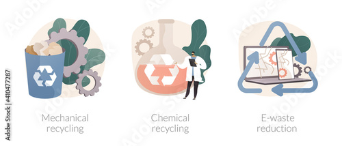 Industrial waste management abstract concept vector illustration set. Mechanical and chemical recycling, e-waste reduction, processing for reuse, trash disposal and utilization abstract metaphor.