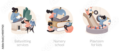 Kids bringing up and leasure time abstract concept vector illustration set. Babysitting services, nursery school, playroom for kids, personal childcare help, pre-school program abstract metaphor.