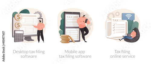 Tax software program abstract concept vector illustration set. Desktop tax filing software, mobile app and online service, income statement, IRS form, gather paperwork abstract metaphor.