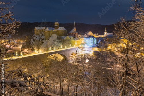 Canvas Print Stunning scenic view of beautiful cityscape of medieval Loket nad Ohri town with