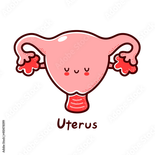 Cute happy funny human uterus organ character. Vector flat line cartoon kawaii character illustration icon. Isolated on white background. Uterus with face character mascot concept