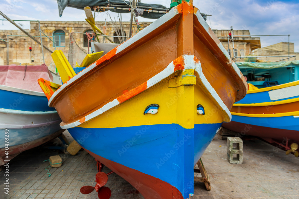 Typical Malta Island fishing boat under construction in the fishing village of Marsaxlokk