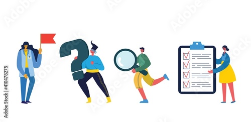 Set of people, men and women with different signs - flag, work on laptop, search with magnifier, communicate.