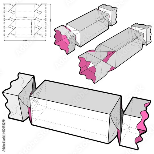 Candy model box and Die-cut Pattern. The .eps file is full scale and fully functional. Prepared for real cardboard production.