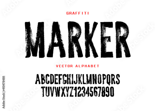 Graffiti marker font design. Hand drawn style geometric alphabet and numbers.