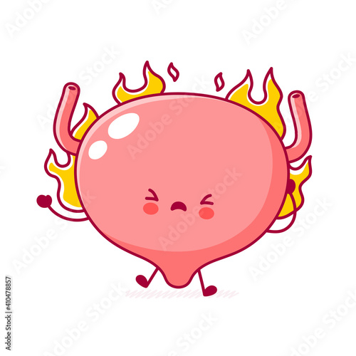 Cute funny human bladder organ character burn in fire. Vector flat line cartoon kawaii character illustration icon. Isolated on white background. Bladder with face character mascot concept