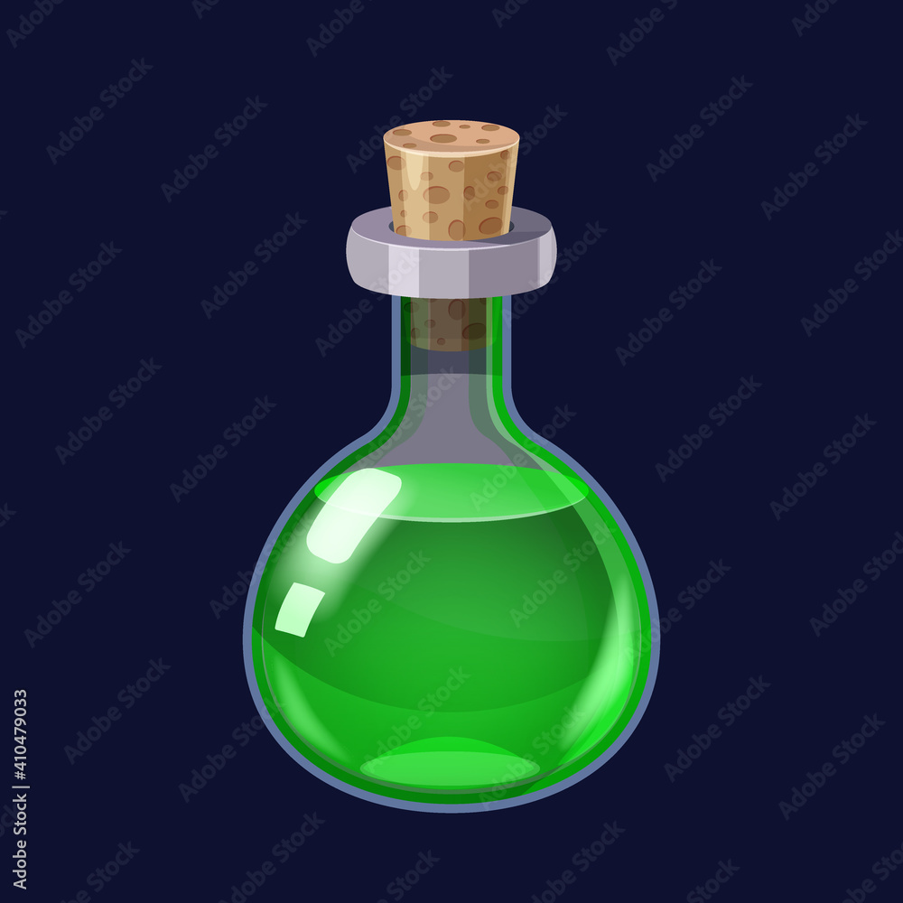 Bottle with liquid green potion magic elixir game icon GUI. Vector illstration for app games user interface Bottle with liquid green potion magic elixir game icon GUI. Vector illstration for app games user interface