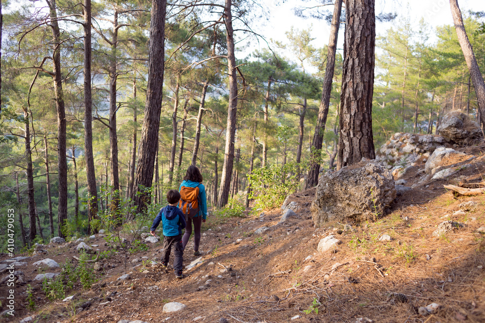 A woman walks with her son through the forest. A woman walks with her son through the forest.