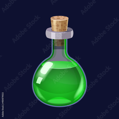 Bottle with liquid green potion magic elixir game icon GUI. Vector illstration for app games user interface