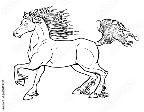 muscular house horse linear drawing. animal in motion picture. design of a booklet  flyer  invitation to an exhibition of animals  riding horses. template  clipart  doodle for antistress coloring book