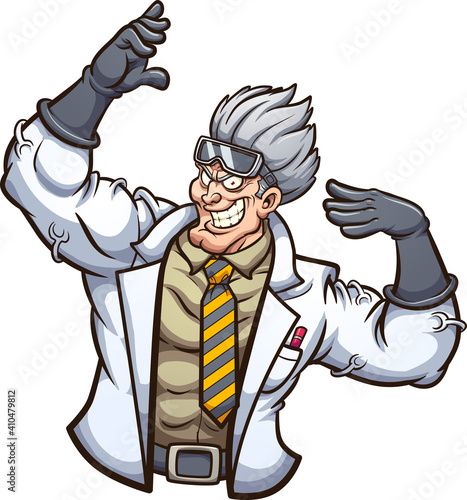 Strong evil scientist posing with arms up. Vector clip art illustration with simple gradients. All on a single layer.
