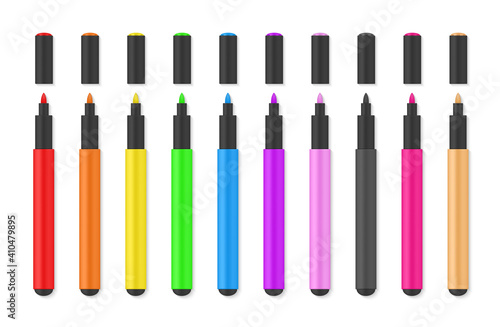 Colored markers with black body and lid realistic set. Open felt or fibre-tip, highlighter pens.