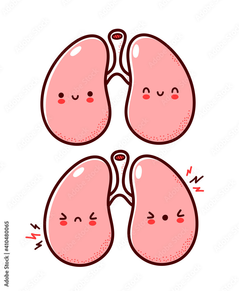 Cute healthy and sick sad funny human lungs organ character. Vector flat line cartoon kawaii character illustration icon. Isolated on white background. Lungs with face character mascot concept Cute healthy and sick sad funny human lungs organ character. Vector flat line cartoon kawaii character illustration icon. Isolated on white background. Lungs with face character mascot concept