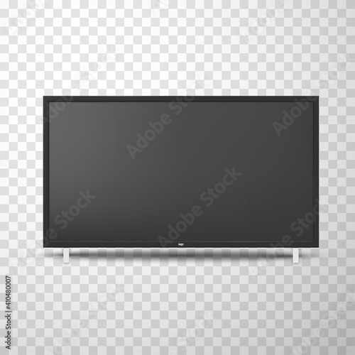 Television set with empty screen realistic template. Smart or connected TV attached on wall.
