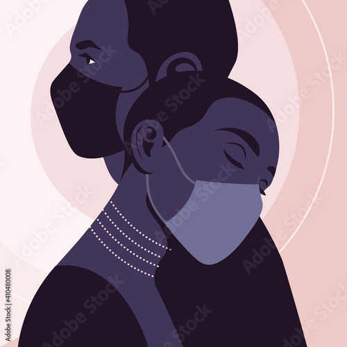 Profiles of African couple with medical face masks. Valentine's Day. Love in the distance. Family relationship and pandemic. Vector flat illustration