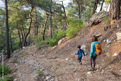 A woman walks with her son through the forest.