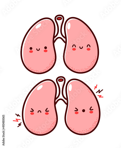 Cute healthy and sick sad funny human lungs organ character. Vector flat line cartoon kawaii character illustration icon. Isolated on white background. Lungs with face character mascot concept
