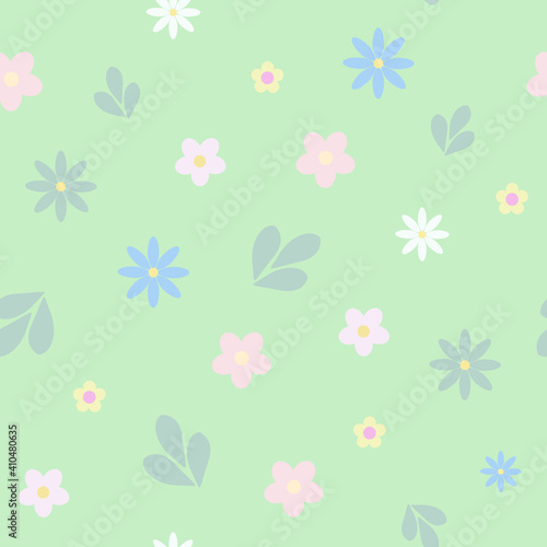 Floral seamless pattern, simple ornament of white daisy flowers in random order on the light green background, repeat vector illustration for textile, gift paper