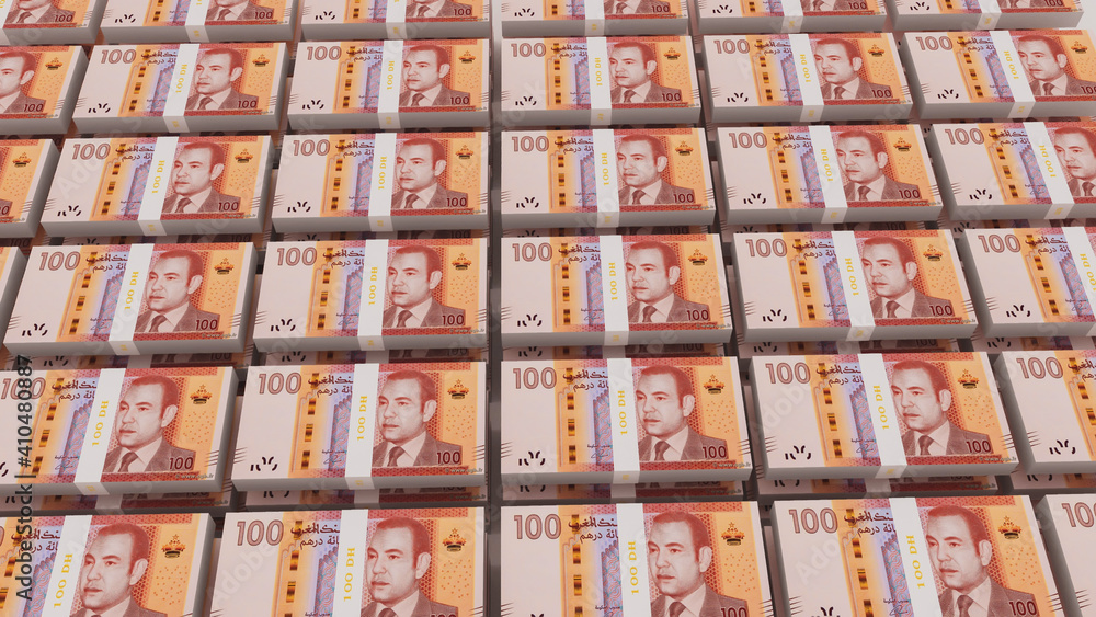 Obraz premium 100 dirham . Moroccan dirhams bills stacks background. 3D illustration.