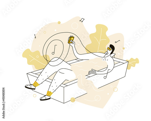 Man chills in the bathroom and listens music. Rest and relaxation after a day's work.  Vector illustration for telework, remote working and freelancing, business, start up, social media and blog
