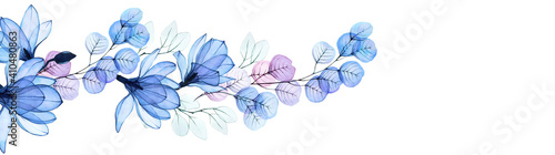 watercolor border, web banner. drawing of transparent blue flowers of magnesium and eucalyptus leaves. vintage delicate design. poster, design for the interior. pastel, dusty colors