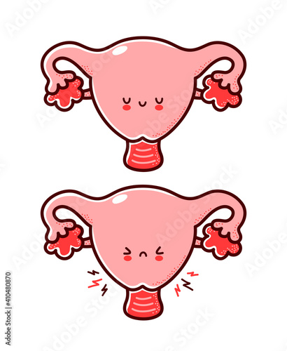 Cute healthy and sick sad funny human uterus organ character. Vector flat line cartoon kawaii character illustration icon. Isolated on white background. Uterus with face character mascot concept