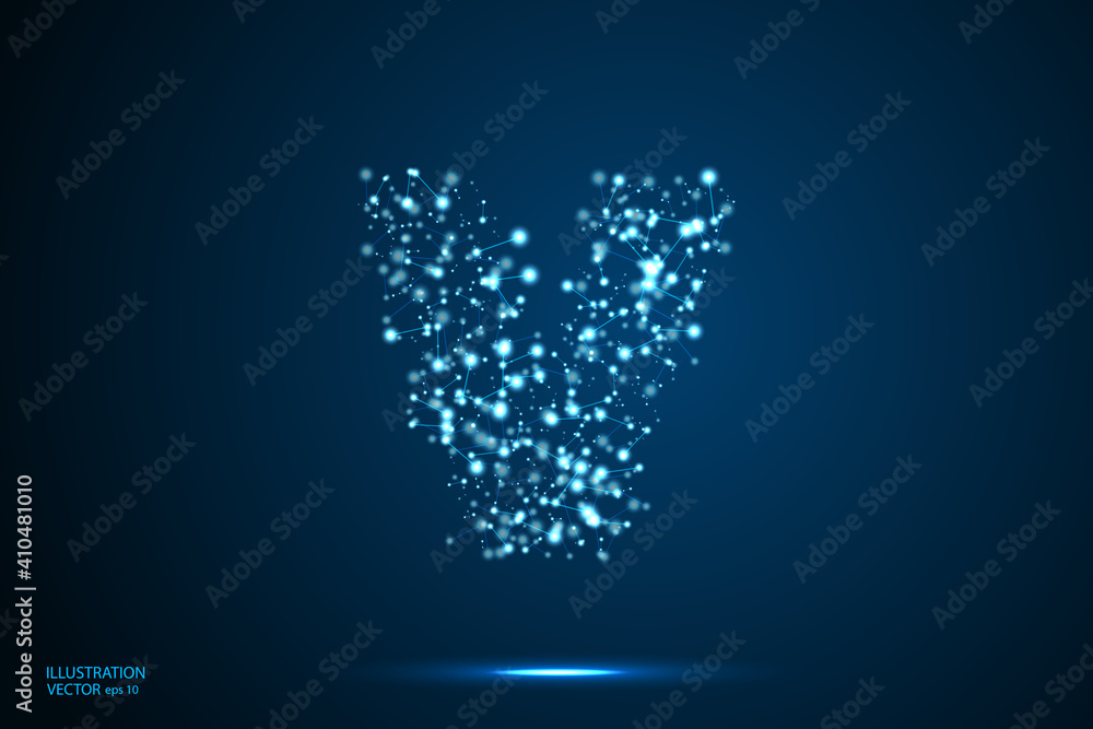 English letters abstract font consists 3d of triangles, lines, dots and connections. On a dark blue background cosmic universe stars, meteorites, galaxies. Vector illustration EPS 10.