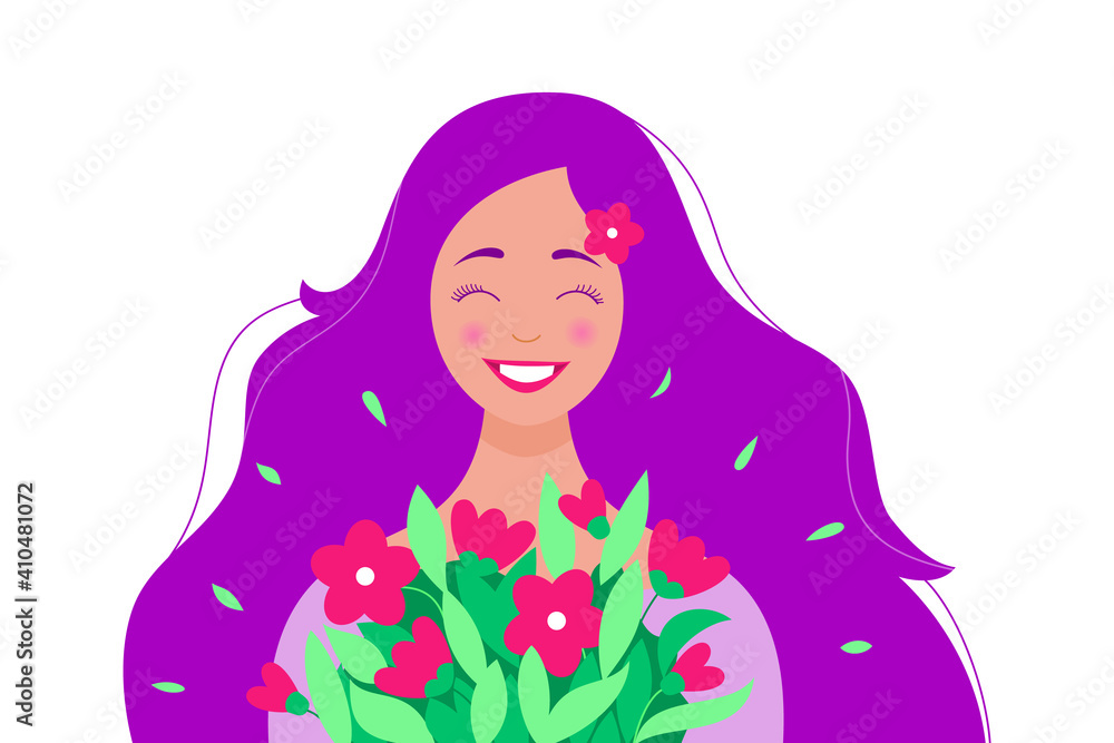 Happy girl with a bouquet of flowers. Cute young woman with loose wavy purple hair. Concept for Mother's Day, Valentine's Day, March 8 Women's Day, birthday. Stylish lady. Spring vector illustration Happy girl with a bouquet of flowers. Cute young woman with loose wavy purple hair. Concept for Mother's Day, Valentine's Day, March 8 Women's Day, birthday. Stylish lady. Spring vector illustration