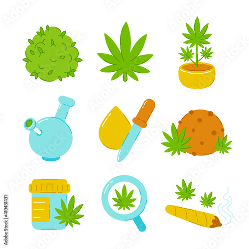 Marijuana weed set collection. Vector trendty flat line illustration icon. Isolated on white background. Medical marijuana bundle concept