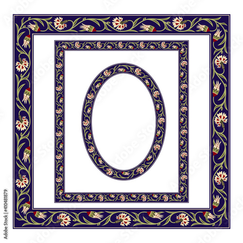 Frames of various shapes with whimsical flowers. Central Asian, Near East style. Pattern brush with a corner element included. Suzani.