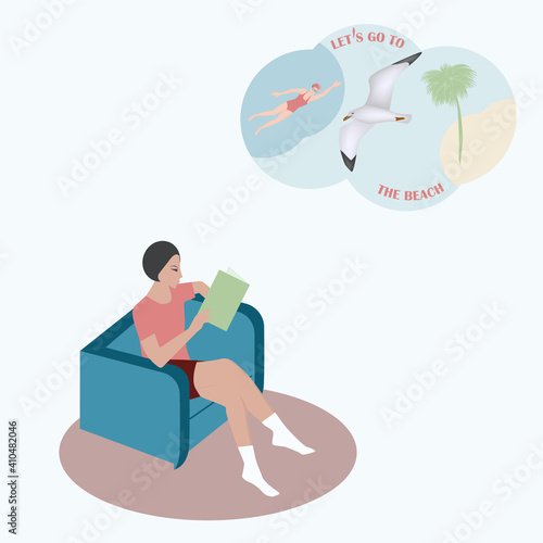 Freelancer, girl, sitting in a chair, thinking about a trip to the sea - vector. Travel planning. Vacation dream.