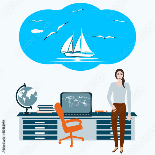 Freelancer thinking about a trip to the sea - sailboat, woman, seagull, interior, computer, desktop - vector. Travel planning. Vacation dream.