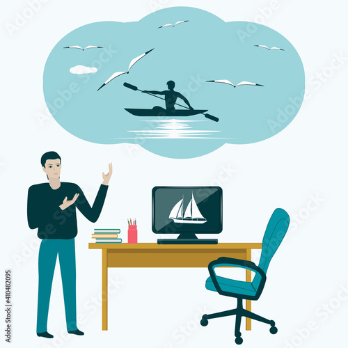 Freelancer, desktop, computer. Man thinks about kayaking - vector. Travel planning. Vacation dream.