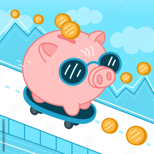 Funny piggy bank in sunglasses ride on skate. Vector flat line cartoon kawaii character illustration icon. Isolated on white background. Pig bank skateboarder character concept
