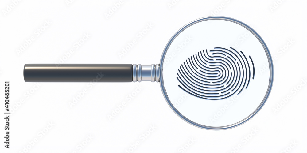 Fingerprint and magnifier isolated on white background. Human thumbprint, detective search concept. 3D illustration Fingerprint and magnifier isolated on white background. Human thumbprint, detective search concept. 3D illustration