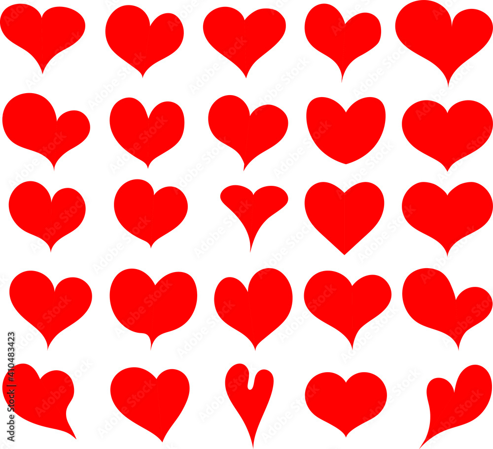 Hearts red - set of doodle drawings for icons. Templates for web design, simple vector for Valentine's Day holiday card.