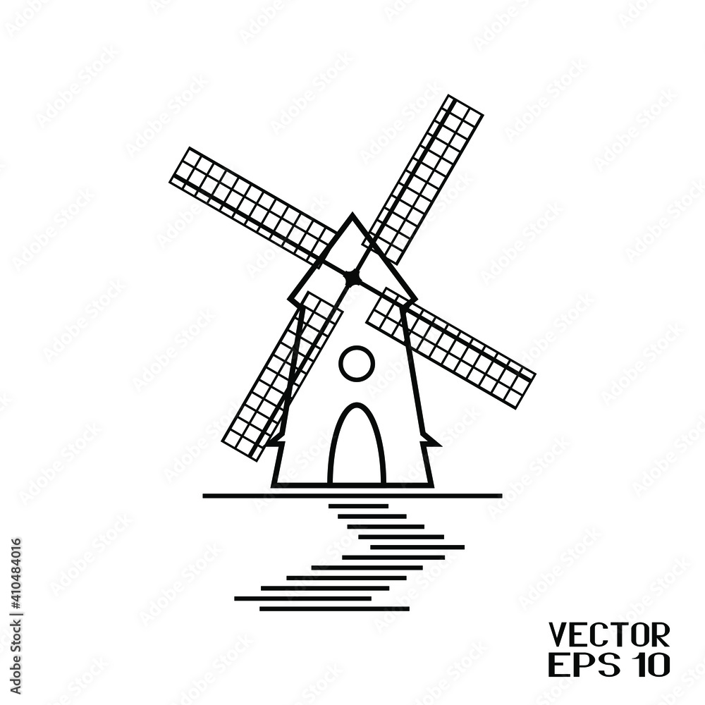 Obraz premium Black and White Windmill with Blades Isolated on White Background. Silhouette of Rural Tower. Vector Illustration