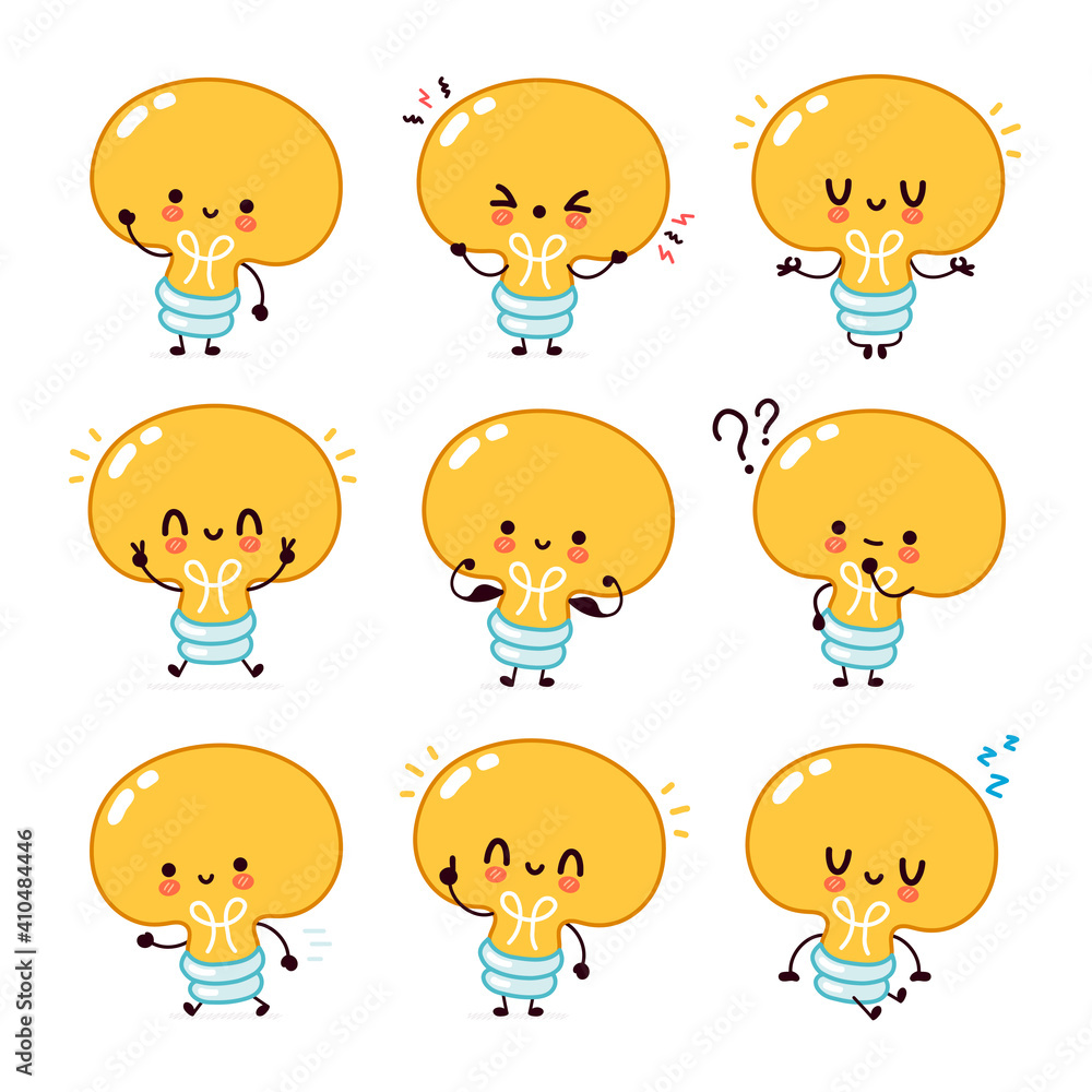 Cute funny light bulb, lamp character set collection. Vector flat line cartoon kawaii character illustration icon. Isolated on white background. Lightbulb with face character mascot concept Cute funny light bulb, lamp character set collection. Vector flat line cartoon kawaii character illustration icon. Isolated on white background. Lightbulb with face character mascot concept