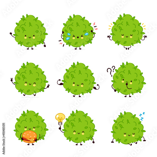 Cute funny marijuana weed bud character set collection. Vector flat line cartoon kawaii character illustration icon. Isolated on white background. Weed face character mascot bundle concept