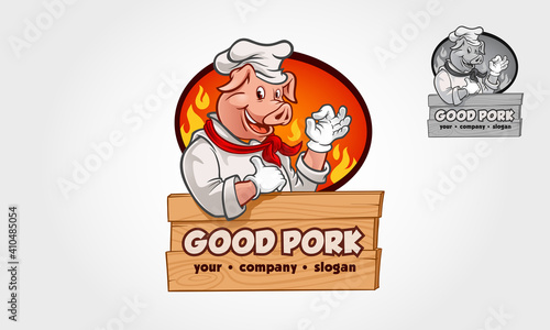 Good Pork Vector Logo Template. High quality piggy chef logo mascot illustration.