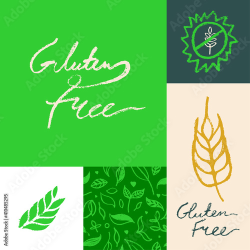 Healthy food label set, organic food packaging, healthy eating banner. Gluten free icon vector, hand-drawn lettering gluten-free logo, handwritten text vegan gluten badge. Rye image and cereal symbol.