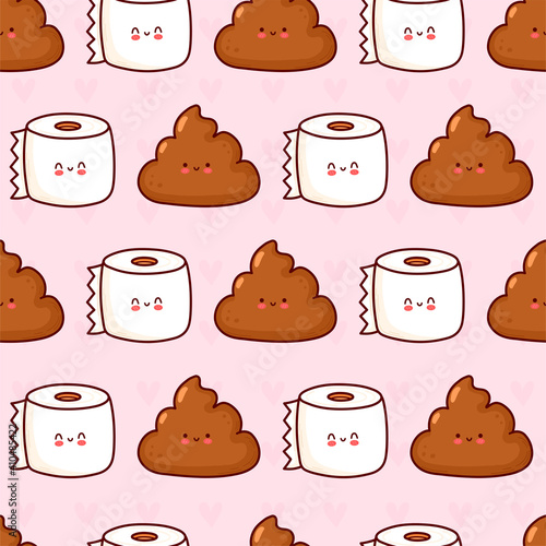 Cute funny poop and toilet paper seamless pattern. Vector flat cartoon kawaii character illustration icon design. Poop and toilet paper character seamless pattern concept