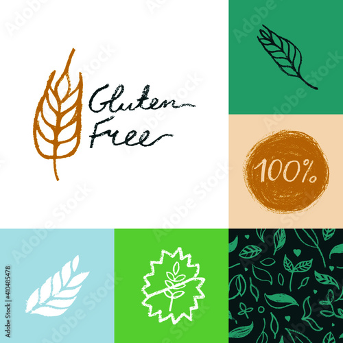 Gluten free icon vector, hand-drawn lettering gluten-free logo, handwritten text vegan gluten badge. Rye image and cereal symbol. Healthy food label set, organic food packaging, healthy eating banner.
