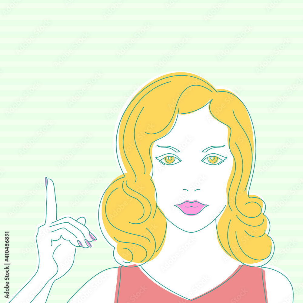 Trendy abstract background. The woman points her finger up. Pastel colorful pattern. Editable mask. Template for your design works. Vector illustration. Trendy abstract background. The woman points her finger up. Pastel colorful pattern. Editable mask. Template for your design works. Vector illustration.