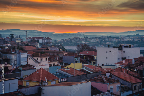 Morning cityscape of Porto, view with Vila Nova de Gaia city on background, Portugal