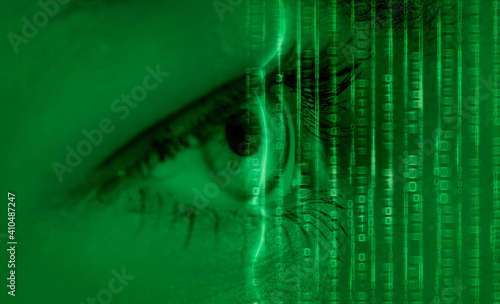privacy concept with eye tech retina scan and binary code