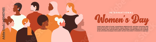 vector flat of a group of women with "International Women's Day" banner over. illustration of women of various ethnicities and cultures